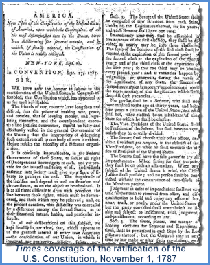 Times coverage of the U.S. Constitution, November 1, 1787. 
