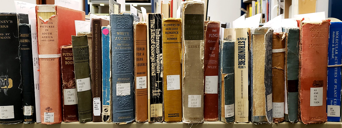 shelf full of books in need of care